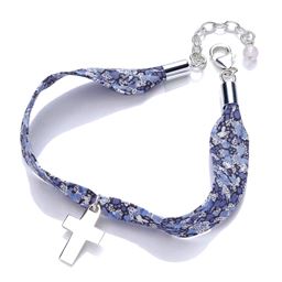Sterling Silver and Ribbon Cross Bracelet Blue